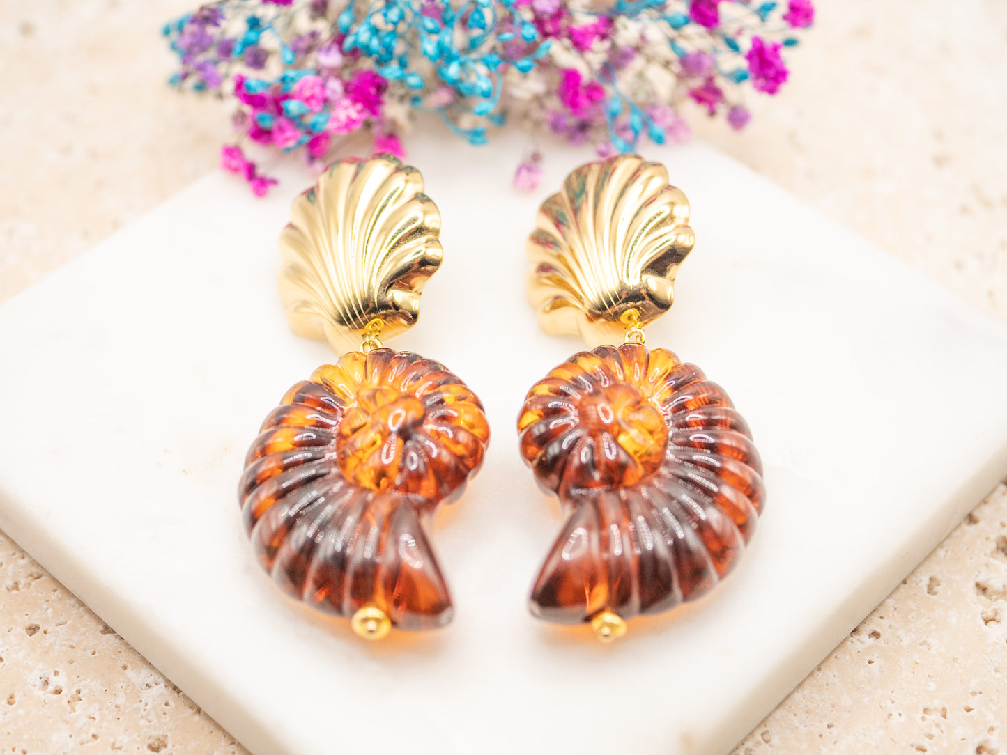 Boucles d'oreilles Coquillage Ambré